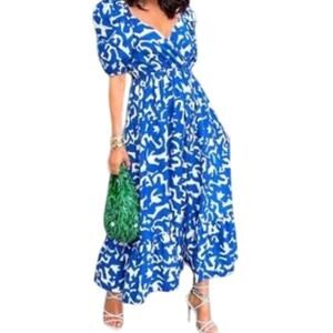 Zara‎ blue white puff sleeve maxi dress printed poplin maxi dress sz S